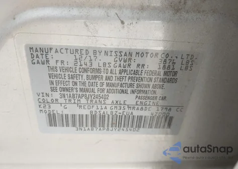 2018 Nissan Sentra S/Sv/Sr/Sl z USA, uszkodzony, nr VIN 3N1AB7AP8JY245402